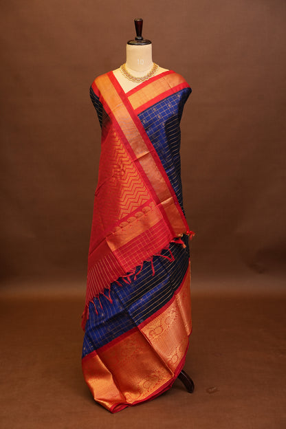 Pure Kuppadam Saree - Royal Blue & Red