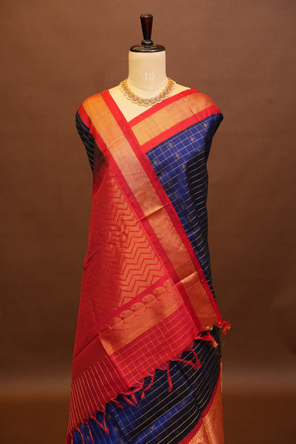 Pure Kuppadam Saree - Royal Blue & Red