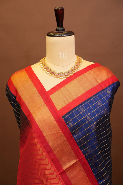 Pure Kuppadam Saree - Royal Blue & Red