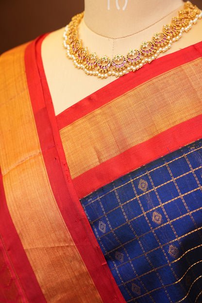Pure Kuppadam Saree - Royal Blue & Red