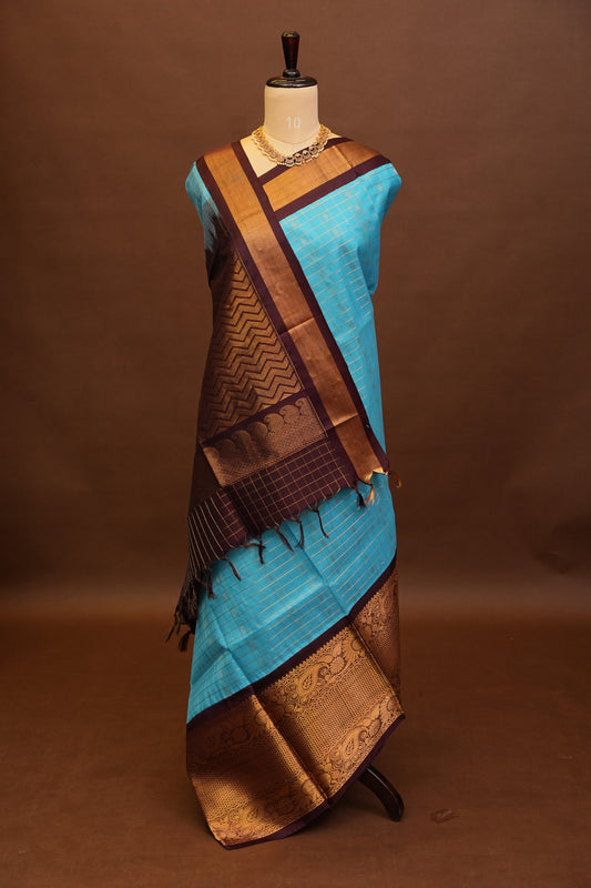 Pure Kuppadam Saree - Soft Turquoise with Coffee