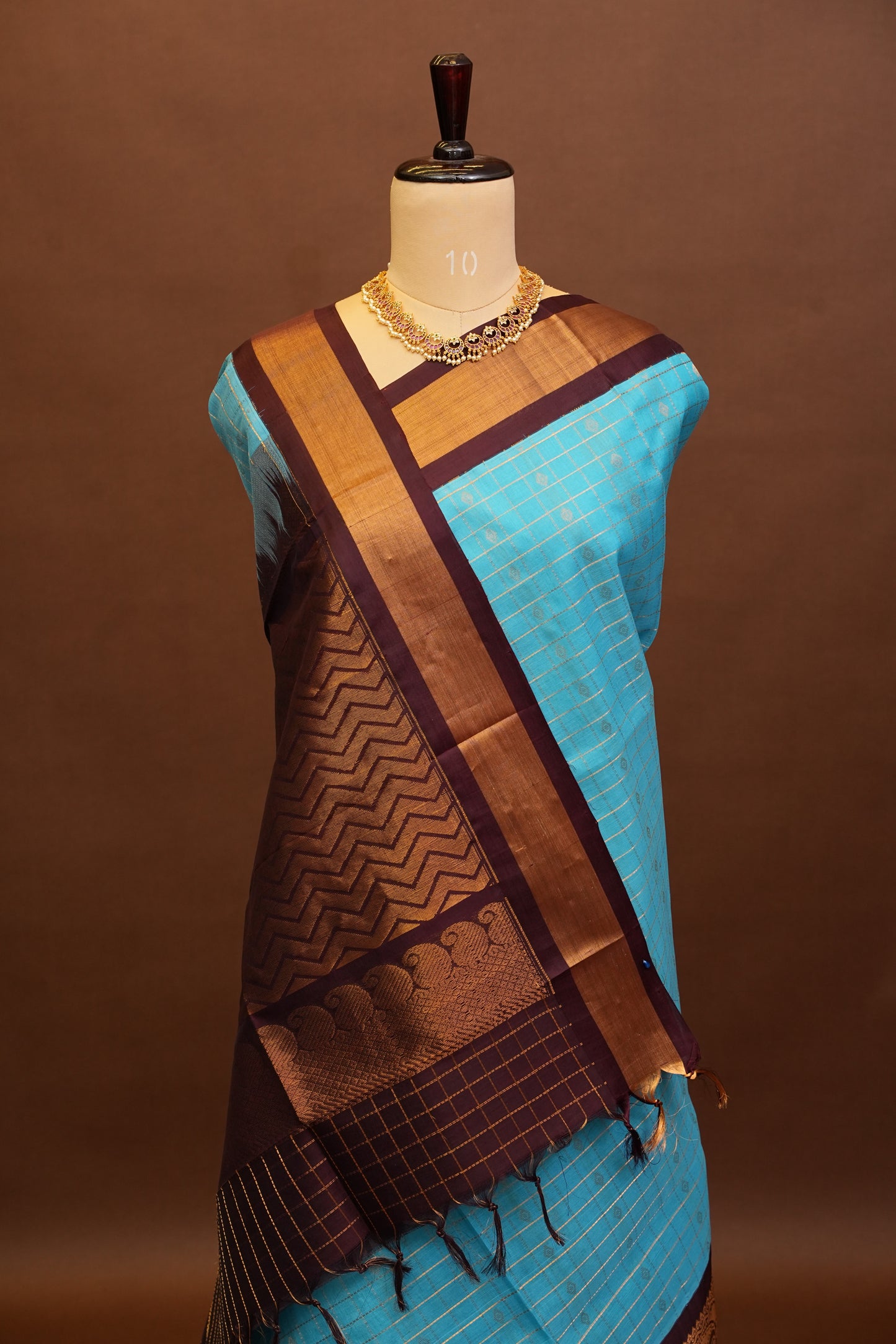 Pure Kuppadam Saree - Soft Turquoise with Coffee