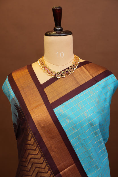 Pure Kuppadam Saree - Soft Turquoise with Coffee