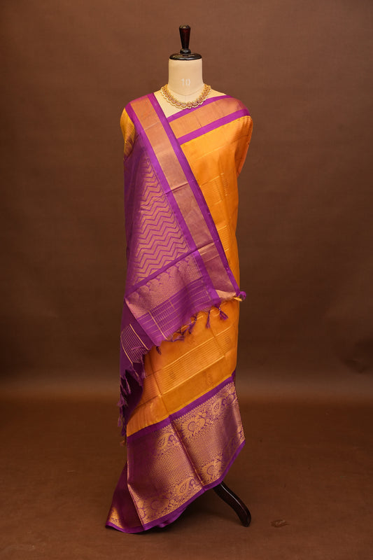 Pure Kuppadam Saree - Light Orange with Purple