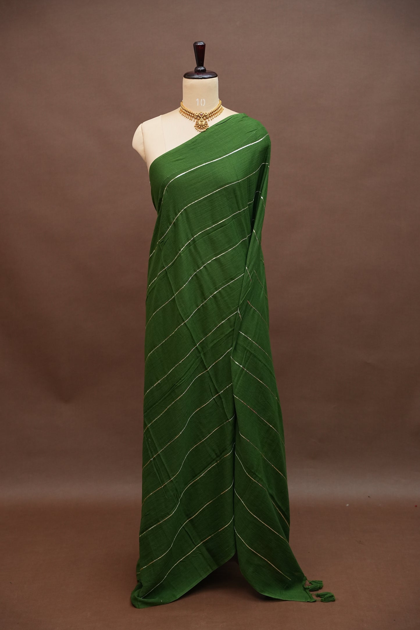 Mulmul Cotton Saree with Tassels - Bottle Green