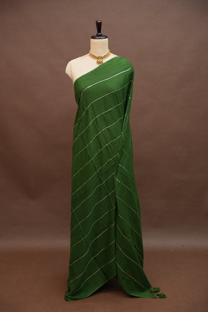 Mulmul Cotton Saree with Tassels - Bottle Green