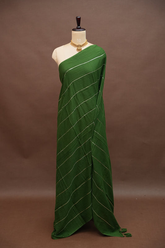 Mulmul Cotton Saree with Tassels - Bottle Green
