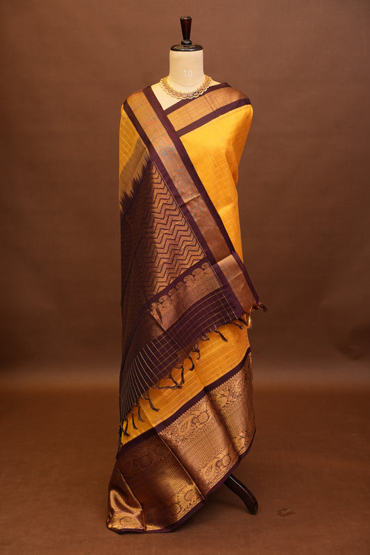 Pure Kuppadam Saree - Gold Beige with Coffee