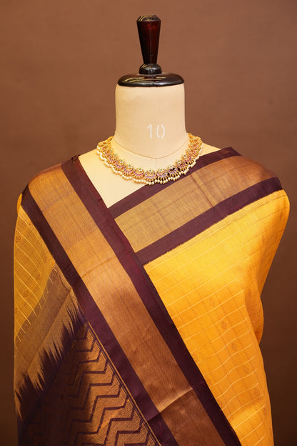 Pure Kuppadam Saree - Gold Beige with Coffee