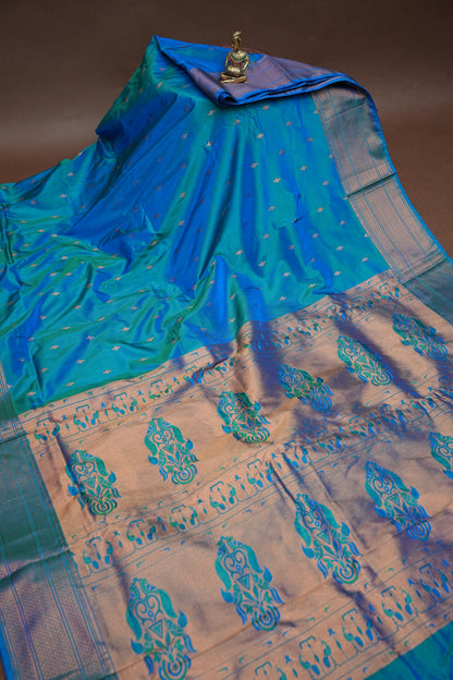 Semi Silk 9-Yard Saree with Paithani Pallu & Gatti Border – Dual Tone Blue & Rama Blue