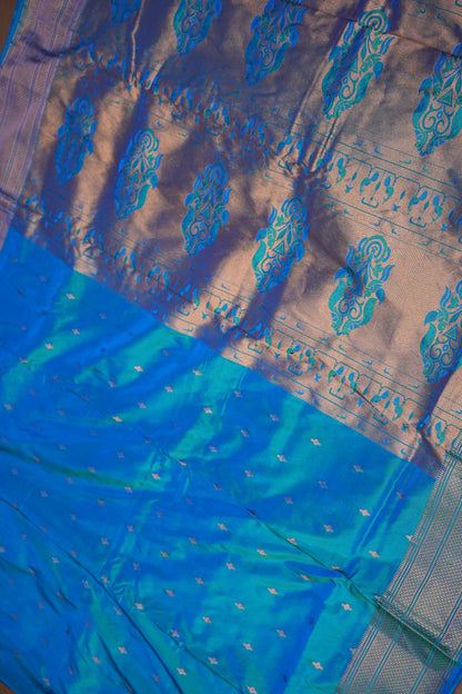 Semi Silk 9-Yard Saree with Paithani Pallu & Gatti Border – Dual Tone Blue & Rama Blue