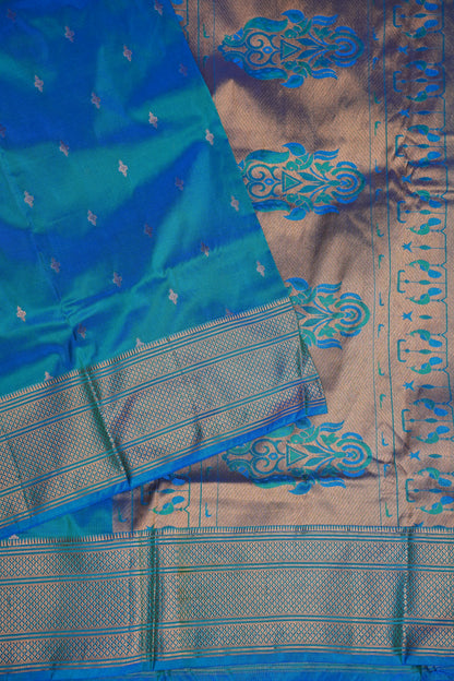 Semi Silk 9-Yard Saree with Paithani Pallu & Gatti Border – Dual Tone Blue & Rama Blue