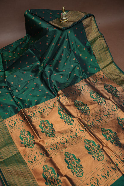 Semi Silk 9-Yard Saree with Paithani Pallu & Gatti Border – Bottle Green
