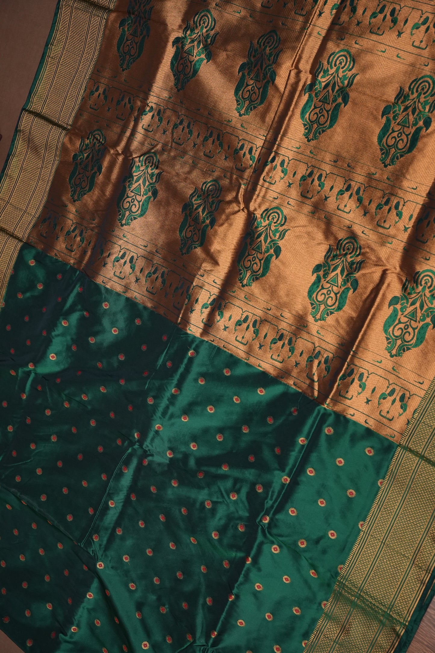 Semi Silk 9-Yard Saree with Paithani Pallu & Gatti Border – Bottle Green