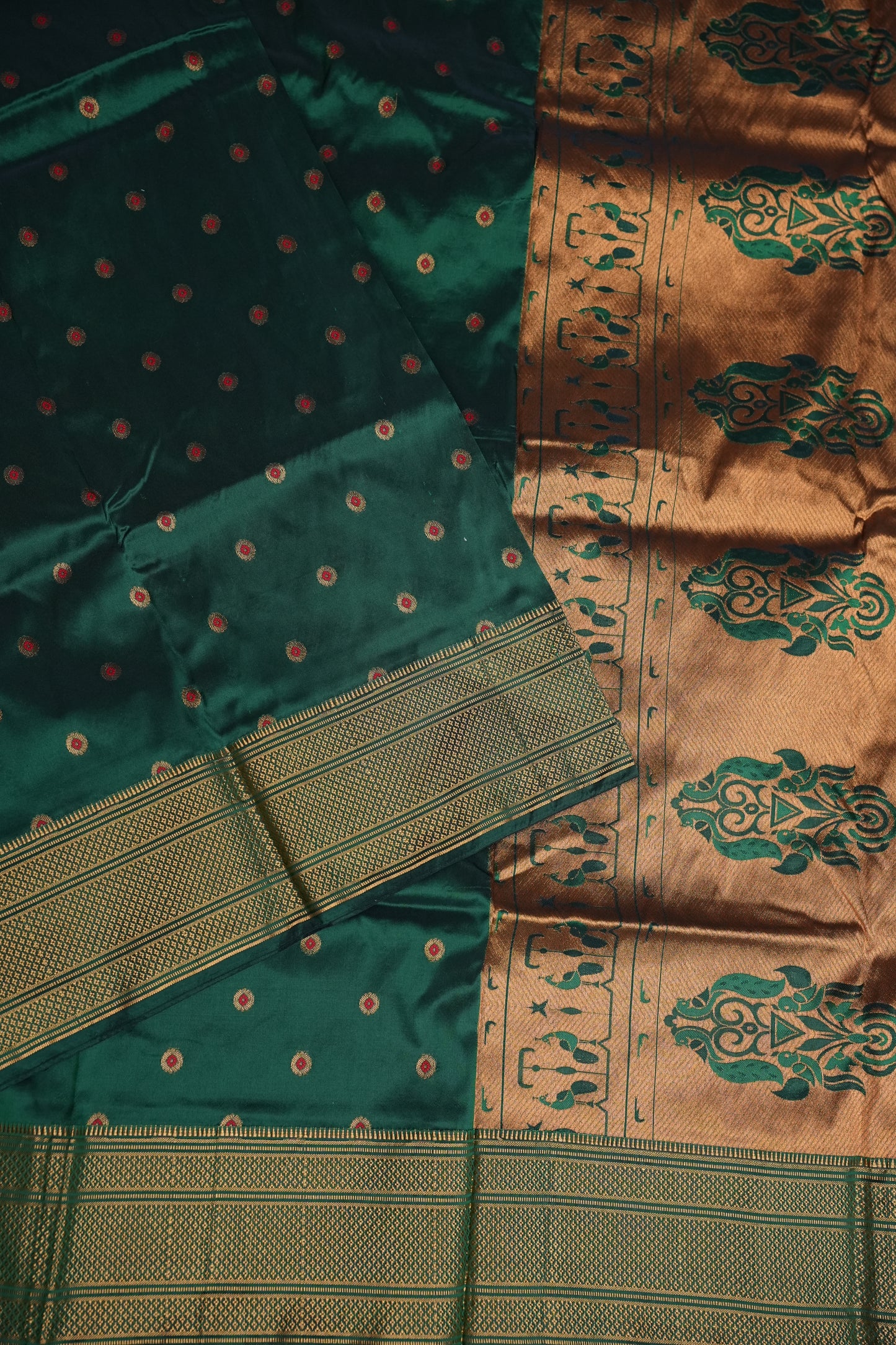 Semi Silk 9-Yard Saree with Paithani Pallu & Gatti Border – Bottle Green