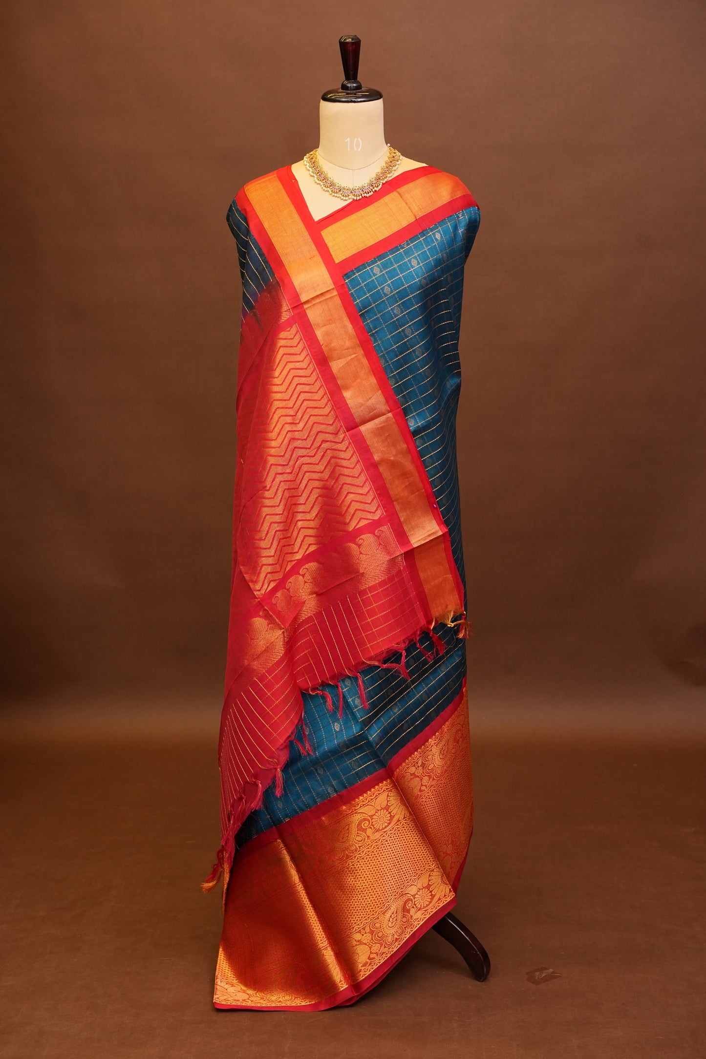 Pure Kuppadam Saree - Teal Blue & Red