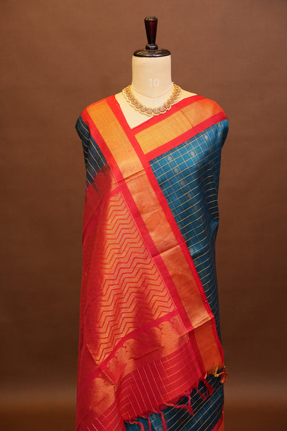 Pure Kuppadam Saree - Teal Blue & Red