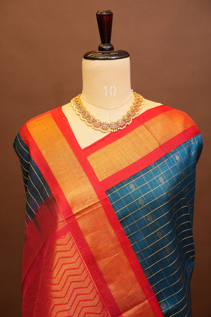 Pure Kuppadam Saree - Teal Blue & Red