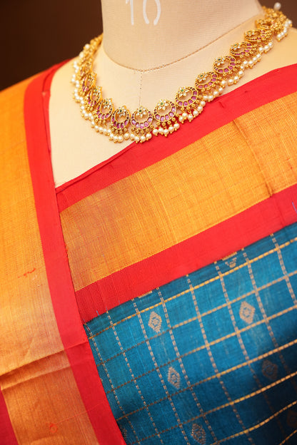 Pure Kuppadam Saree - Teal Blue & Red