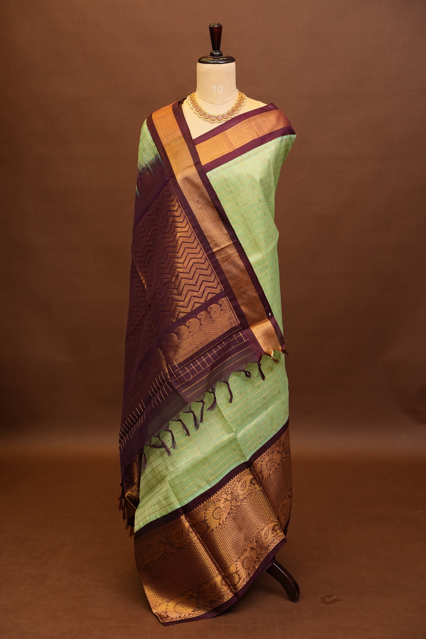 Pure Kuppadam Saree - Pistachio Green & Coffee