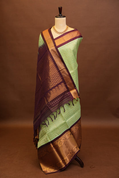 Pure Kuppadam Saree - Pistachio Green & Coffee