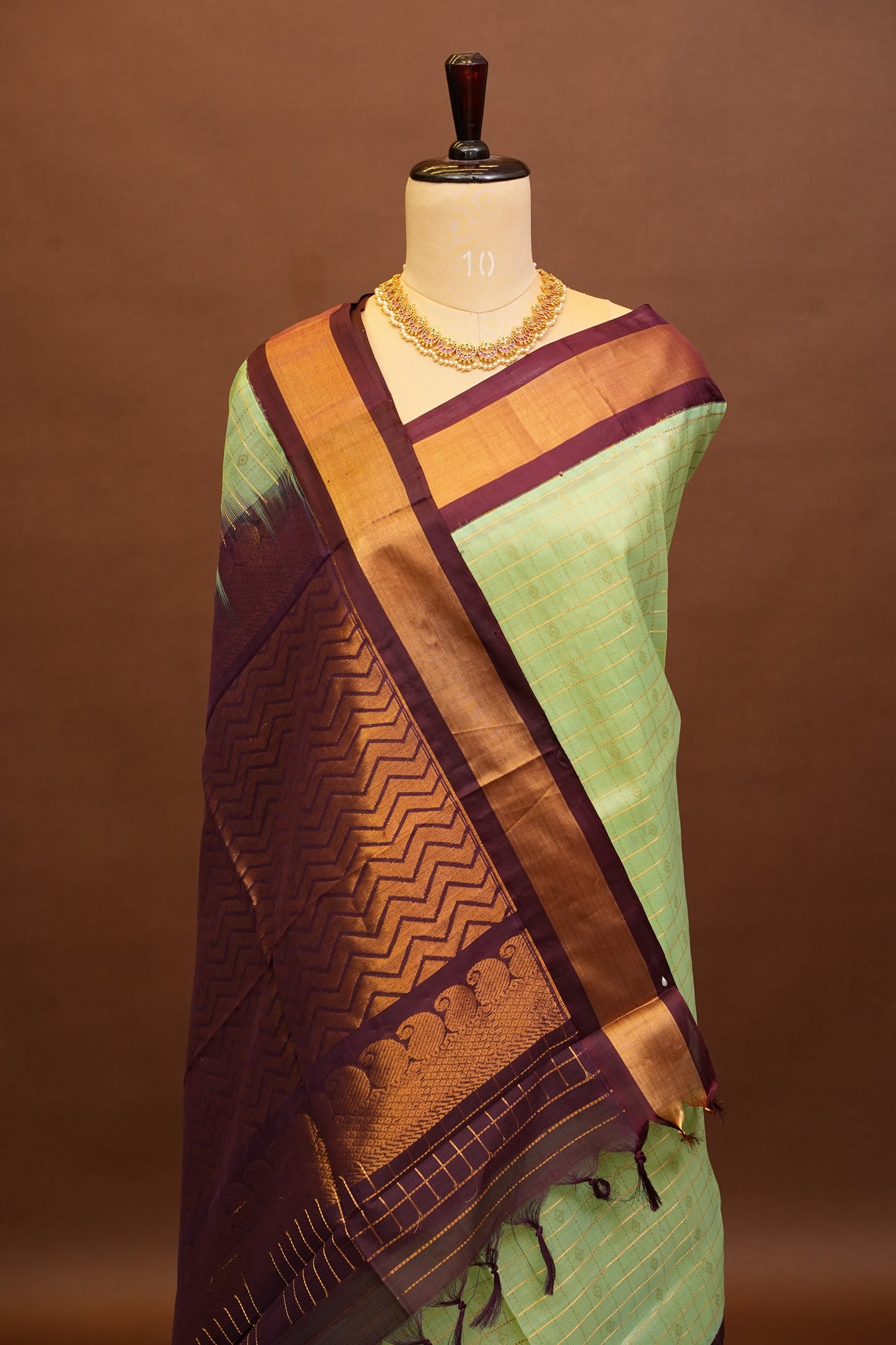 Pure Kuppadam Saree - Pistachio Green & Coffee