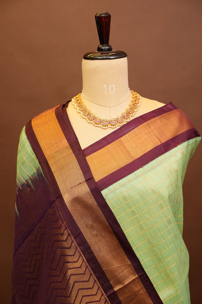 Pure Kuppadam Saree - Pistachio Green & Coffee