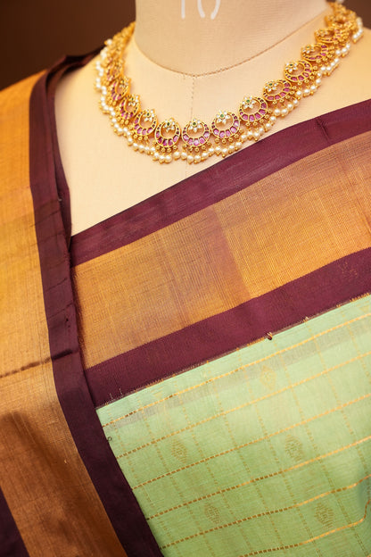 Pure Kuppadam Saree - Pistachio Green & Coffee