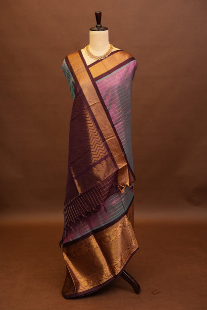 Pure Kuppadam Saree - Steel Blue & Pink