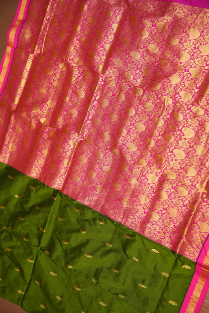 Semi Silk 9-Yard Saree with Paithani Pallu & Gatti Border – Olive Green & Pink