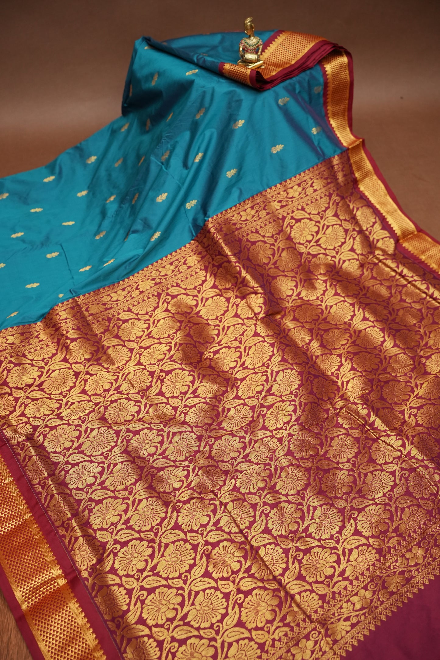 Semi Silk 9-Yard Saree with Paithani Pallu & Gatti Border – Rama Blue & Maroon