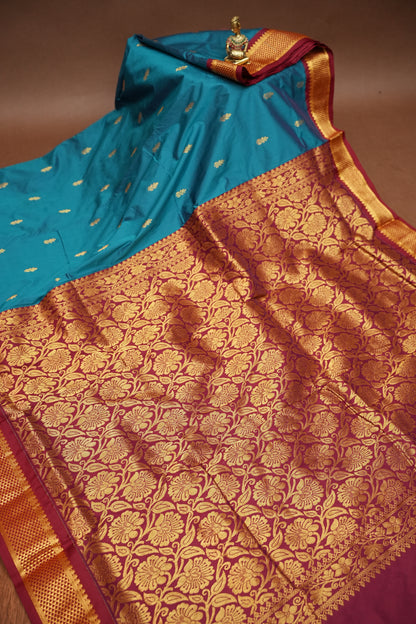 Semi Silk 9-Yard Saree with Paithani Pallu & Gatti Border – Rama Blue & Maroon