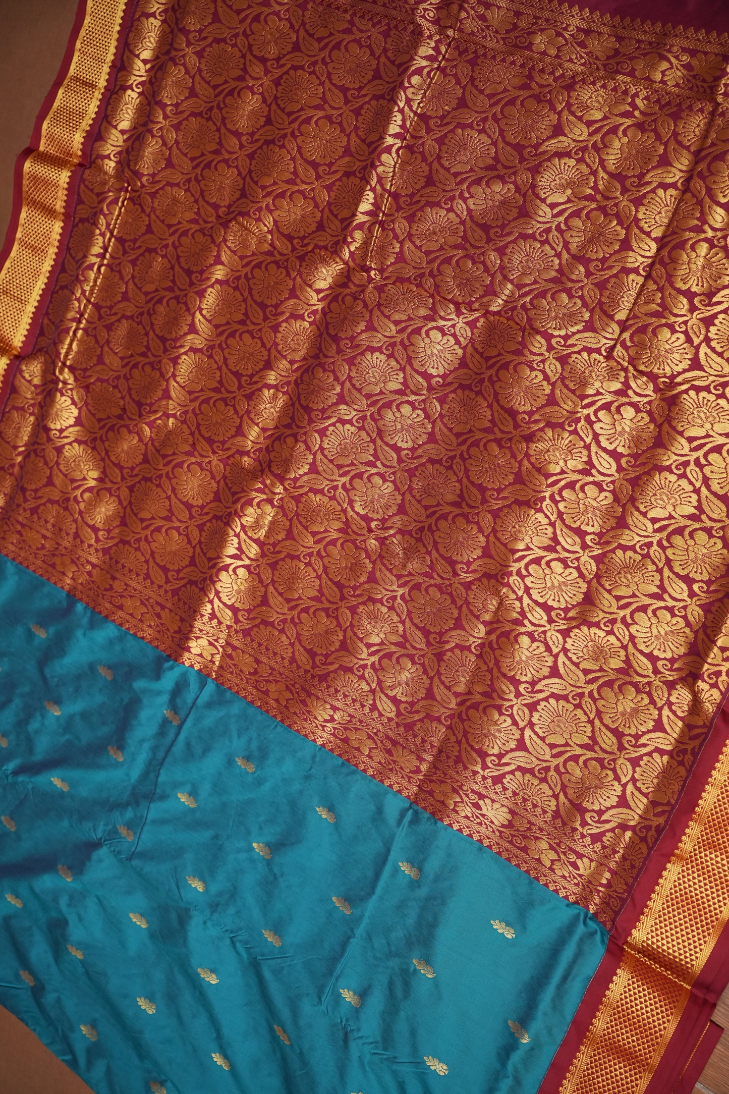 Semi Silk 9-Yard Saree with Paithani Pallu & Gatti Border – Rama Blue & Maroon