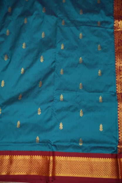 Semi Silk 9-Yard Saree with Paithani Pallu & Gatti Border – Rama Blue & Maroon