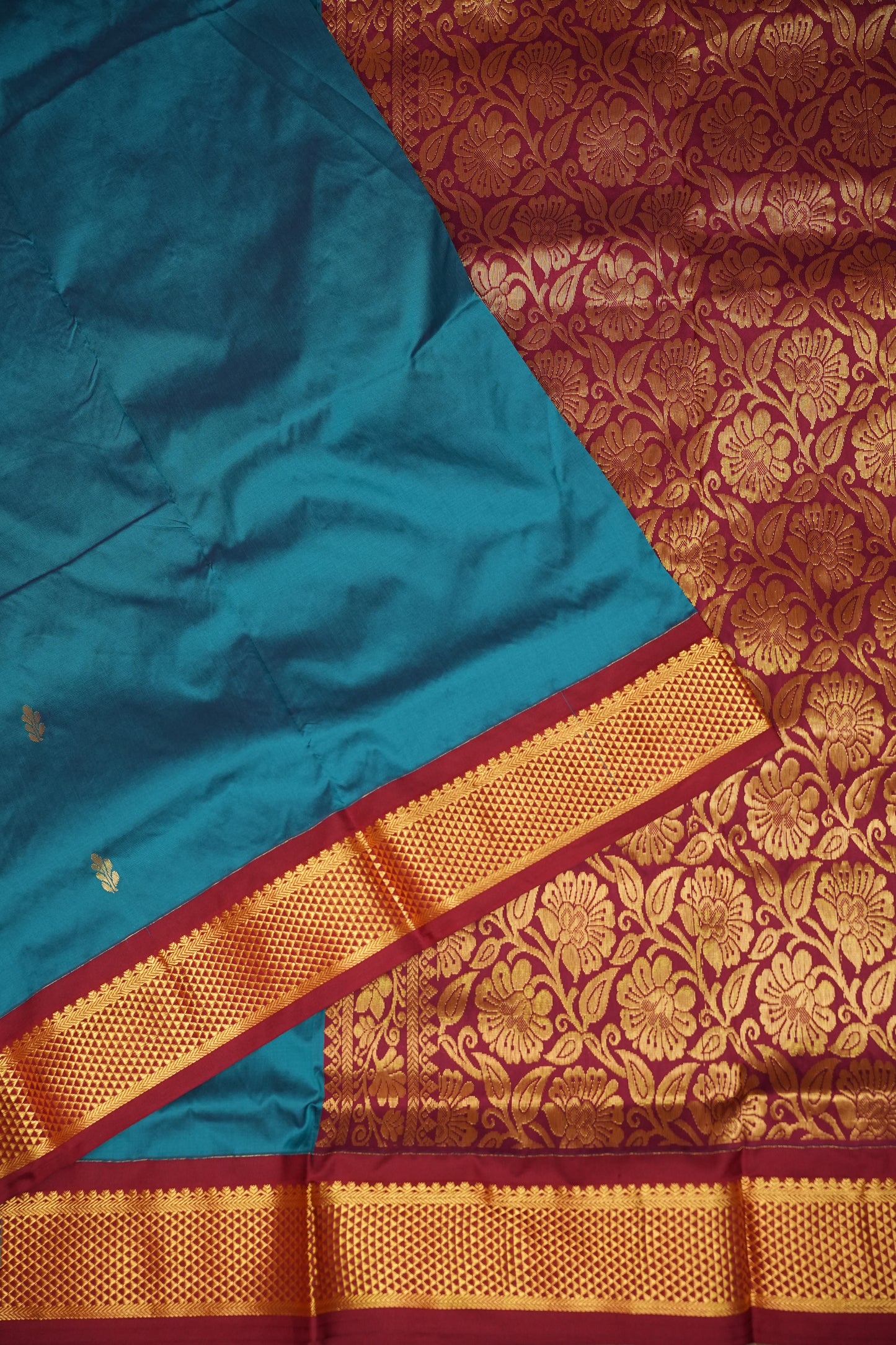 Semi Silk 9-Yard Saree with Paithani Pallu & Gatti Border – Rama Blue & Maroon