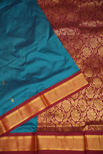 Semi Silk 9-Yard Saree with Paithani Pallu & Gatti Border – Rama Blue & Maroon