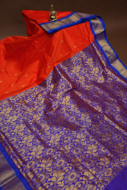 Semi Silk 9-Yard Saree with Grand Pallu & Gatti Border – Red & Blue