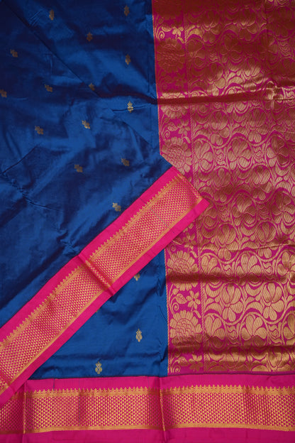 Semi Silk 9-Yard Saree with Grand Pallu & Gatti Border – Blue & Pink
