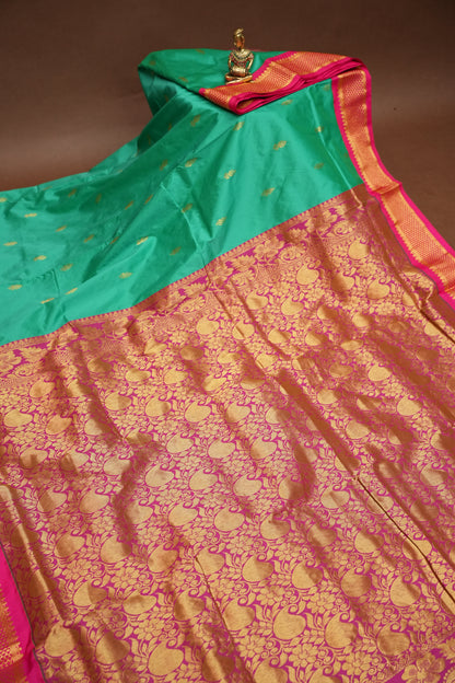 Semi Silk 9-Yard Saree with Grand Pallu & Gatti Border – Rama Green & Pink