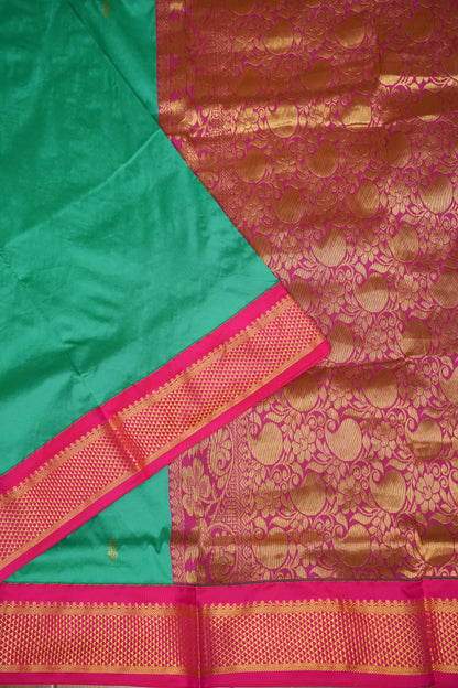 Semi Silk 9-Yard Saree with Grand Pallu & Gatti Border – Rama Green & Pink