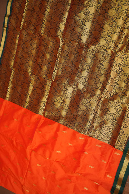 Semi Silk 9-Yard Saree with Grand Pallu & Gatti Border – Orange & Green