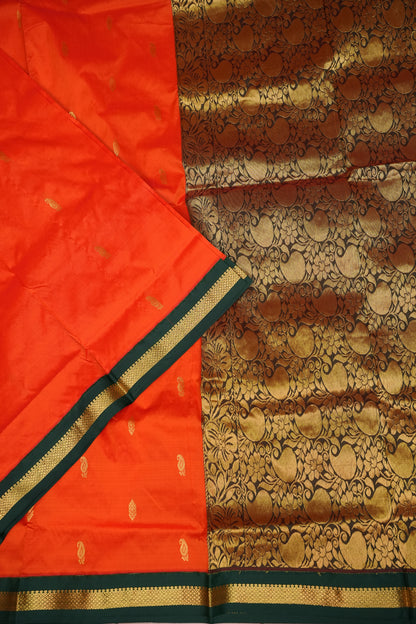Semi Silk 9-Yard Saree with Grand Pallu & Gatti Border – Orange & Green