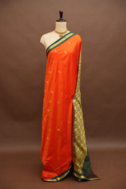 Semi Silk 9-Yard Saree with Grand Pallu & Gatti Border – Orange & Green