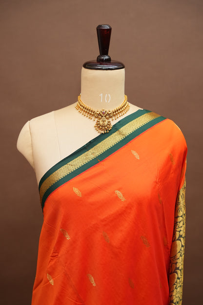 Semi Silk 9-Yard Saree with Grand Pallu & Gatti Border – Orange & Green