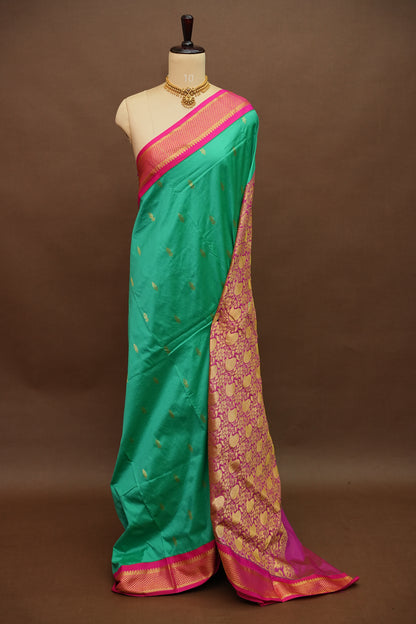 Semi Silk 9-Yard Saree with Grand Pallu & Gatti Border – Rama Green & Pink