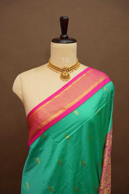 Semi Silk 9-Yard Saree with Grand Pallu & Gatti Border – Rama Green & Pink