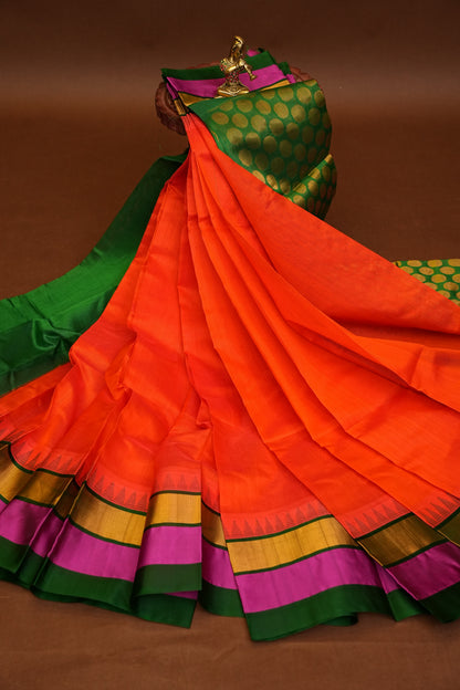Pure Kuppadam Korvai Pattu Saree-Orange & Green