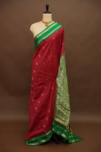 Semi Silk 9-Yard Saree with Grand Pallu & Gatti Border – Red & Rama Green