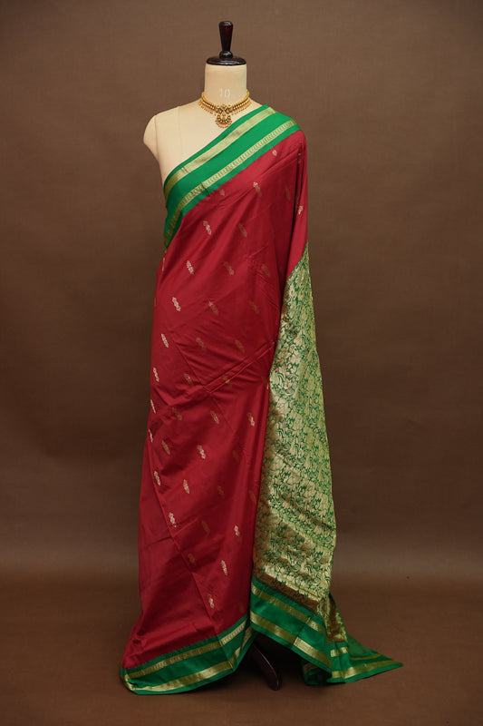 Semi Silk 9-Yard Saree with Grand Pallu & Gatti Border – Red & Rama Green