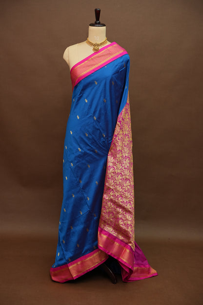 Semi Silk 9-Yard Saree with Grand Pallu & Gatti Border – Blue & Pink